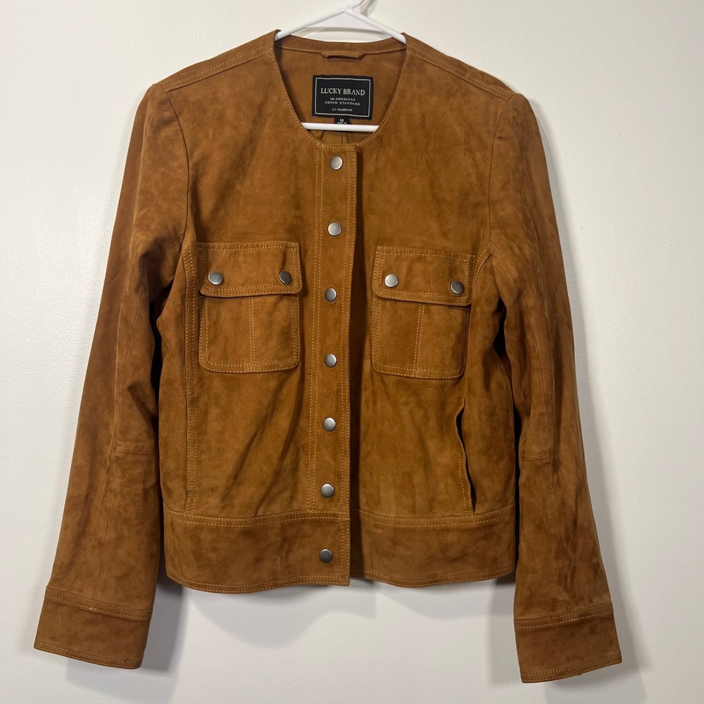 Lucky Brand Womens Suede Snap Front Utility Moto Jacket Brown M
